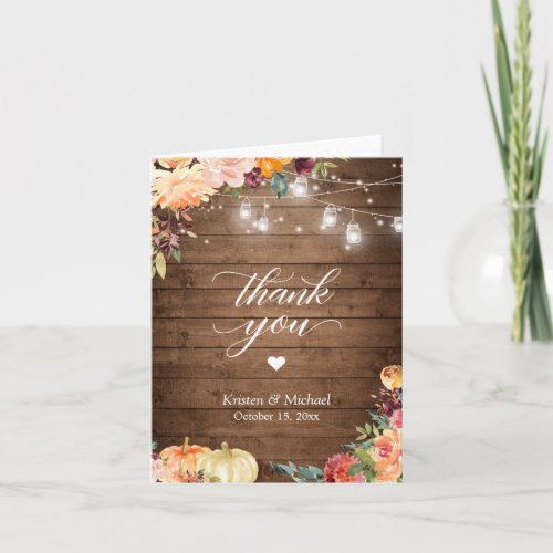 Rustic Autumn Floral Mason Jar Lights Wedding Thank You Card