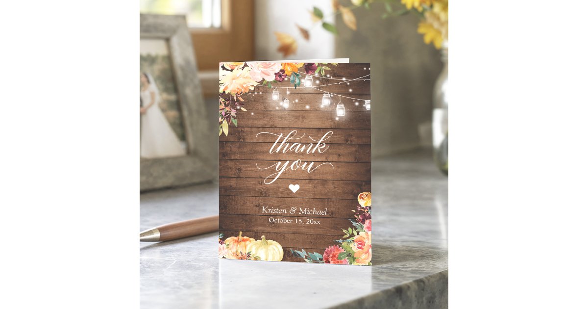 Rustic Autumn Floral Mason Jar Lights Wedding Thank You Card | Zazzle