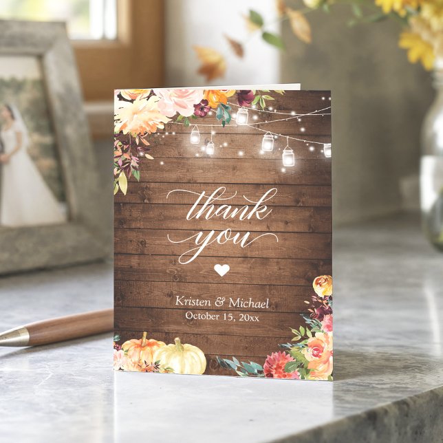 Rustic Autumn Floral Mason Jar Lights Wedding Thank You Card (Creator Uploaded)