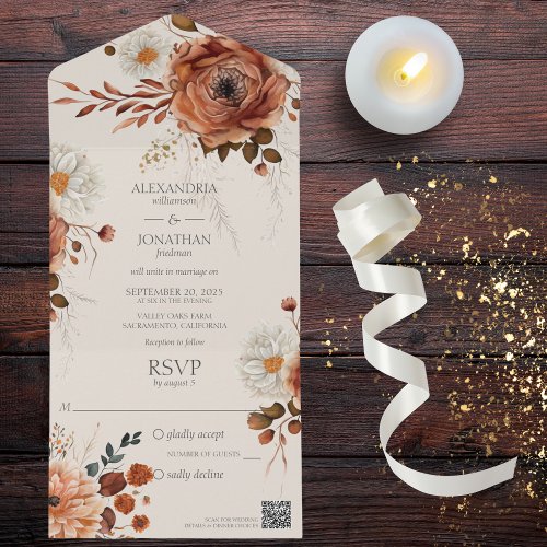 Rustic Autumn Floral on Beige QR Code  All In One Invitation
