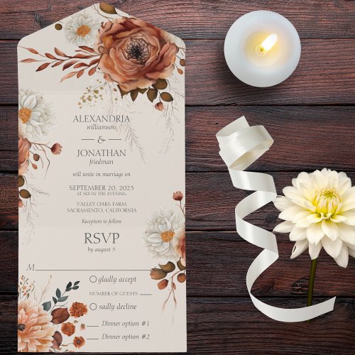 Rustic Autumn Floral on Beige with Dinner Options All In One Invitation