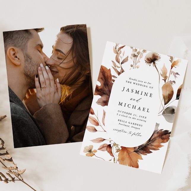 Rustic Autumn Floral Oval Frame Photo Wedding Invitation (Creator Uploaded)