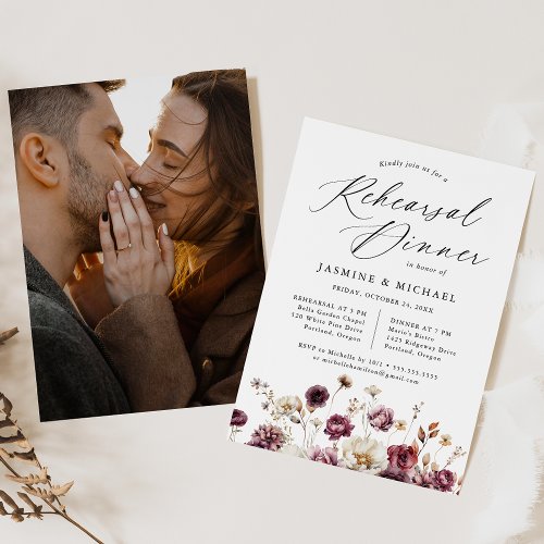 Rustic Autumn Floral Photo Rehearsal Dinner Invitation