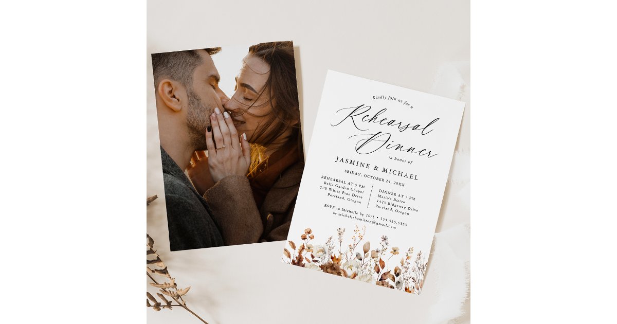 Rustic Autumn Floral Photo Rehearsal Dinner Invitation | Zazzle