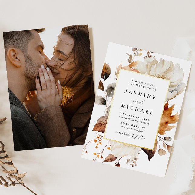 Rustic Autumn Floral Photo Wedding Foil Invitation (Creator Uploaded)