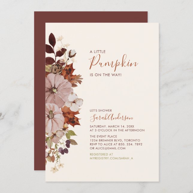 Rustic Autumn Floral Pumpkin Baby Shower Invitatio Invitation (Front/Back)