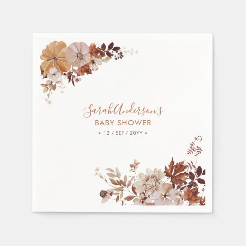 Rustic Autumn Floral Pumpkin Baby Shower Napkins