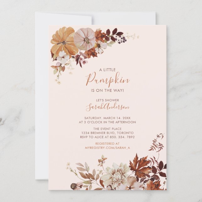 Rustic Autumn Floral Pumpkin Pink Baby Shower Invitation (Front)