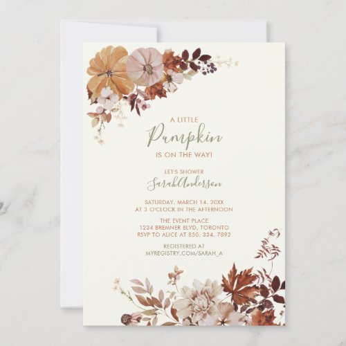 Rustic Autumn Floral Pumpkin Sage Baby Shower Invitation