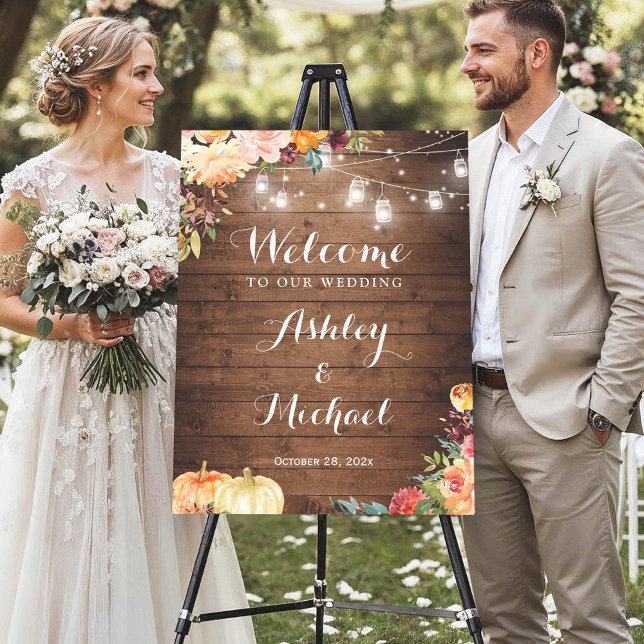 Rustic Autumn Floral Pumpkin String Lights Wedding Foam Board (Creator Uploaded)