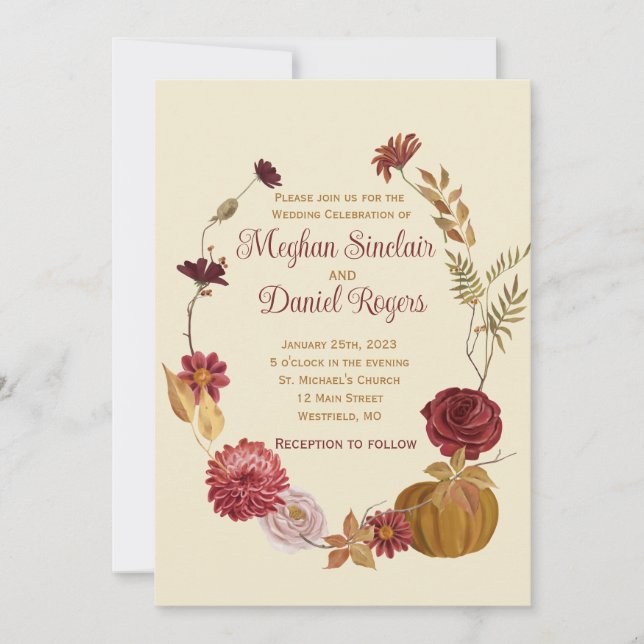Rustic Autumn Floral Pumpkin Wedding  Invitation (Front)