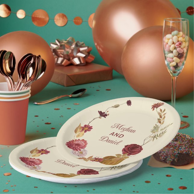 Rustic Autumn Floral Pumpkin Wedding  Paper Plates (Multi)