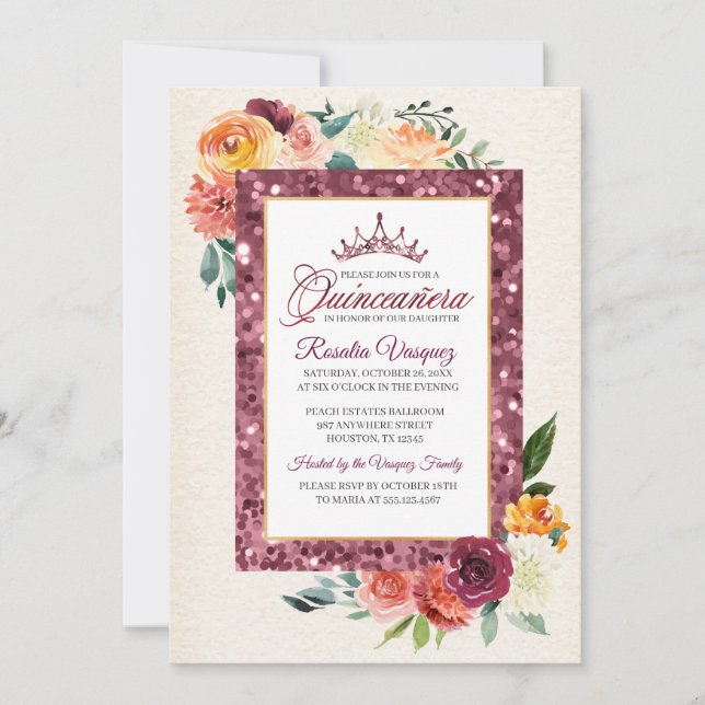 Rustic Autumn Floral Sequin Quinceanera Invitation (Front)