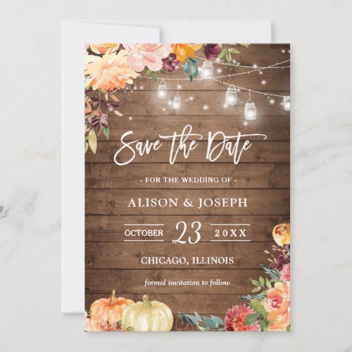 Rustic Autumn Floral String Lights Save the Date Invitation