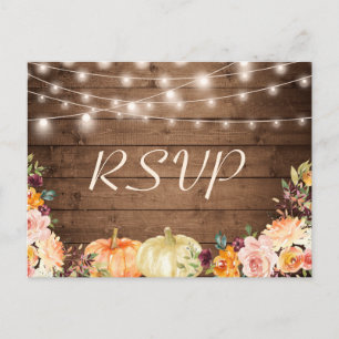 Rustic Autumn Floral String Lights Wedding RSVP Invitation Postcard