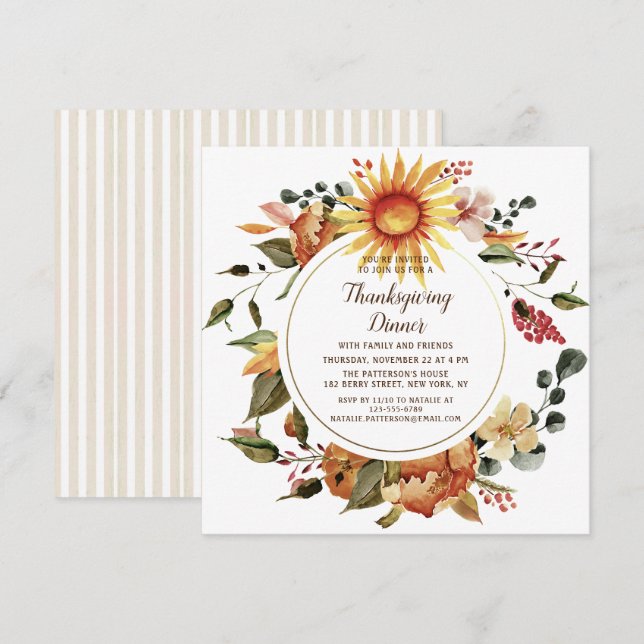 Rustic Autumn Floral Thanksgiving Dinner Invitation (Front/Back)