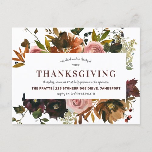 Rustic Autumn Floral Thanksgiving Dinner Invitation Postcard
