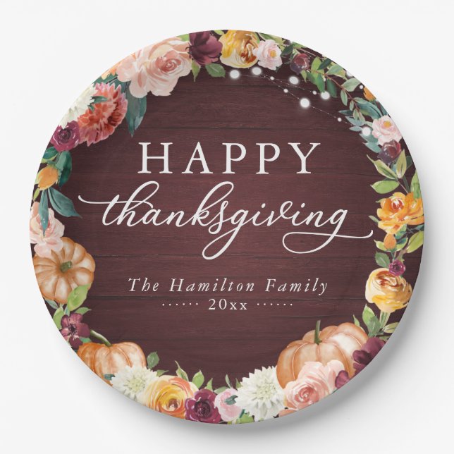 Rustic Autumn Floral Thanksgiving Dinner Paper Pla Plates (Front)