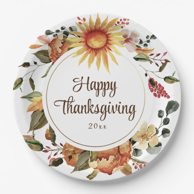 Rustic Autumn Floral Thanksgiving Dinner Paper Plates (Front)