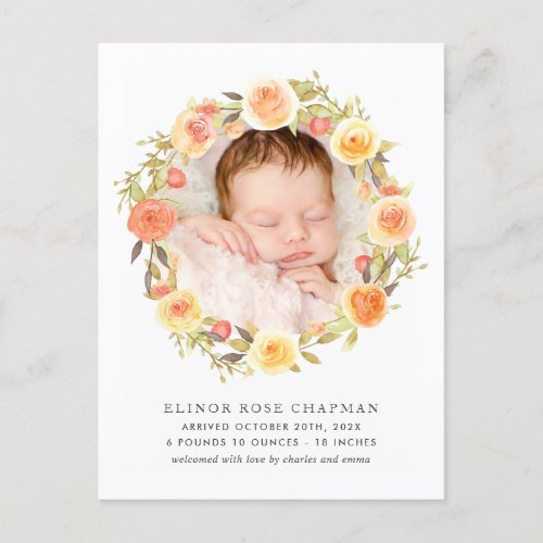 Rustic Autumn Floral Two Photo Baby Birth Announcement Postcard