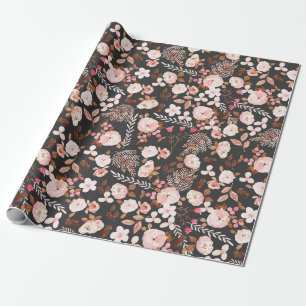 Rustic Autumn Floral Watercolor Pattern Pink Brown Wrapping Paper