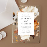 Rustic Autumn Floral Wedding Acrylic Invitations<br><div class="desc">Capture the enchanting beauty of autumn with our Rustic Autumn Floral wedding invitation. Featuring delicate watercolor blooms and foliage in warm hues of ivory, cream, brown, and rust-orange, your wedding details are beautifully framed against a frosted or acrylic background. The intricate calligraphy script adds a timeless touch of sophistication, setting...</div>