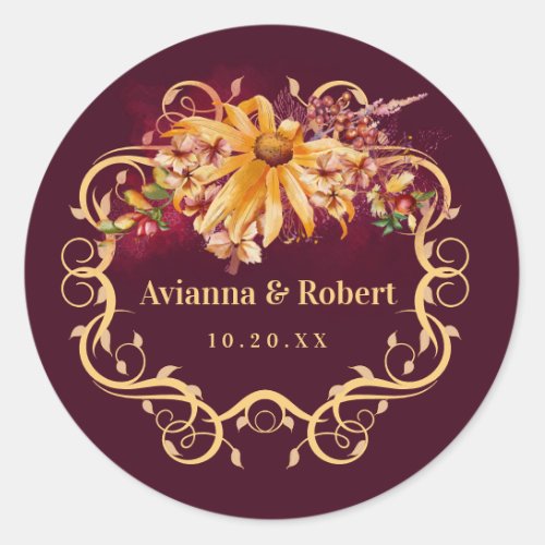 Rustic Autumn Floral Wedding Classic Round Sticker