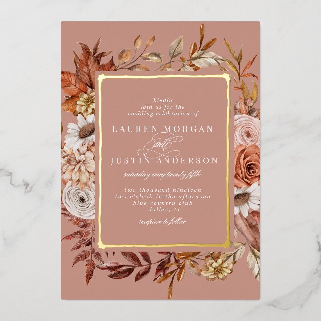 rustic autumn floral Wedding Foil Invitation (Front)