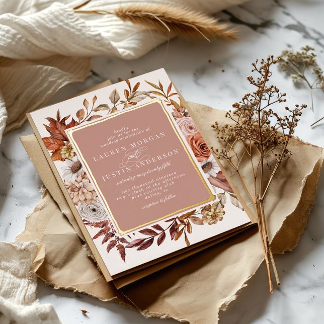 Rustic Autumn Floral Wedding Gold Foil Invitation (Creator Uploaded)