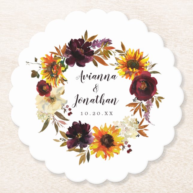 Rustic Autumn Floral Wedding  Paper Coaster (Front)