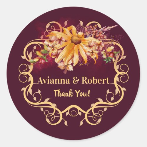 Rustic Autumn Floral Wedding Thank You Classic Round Sticker