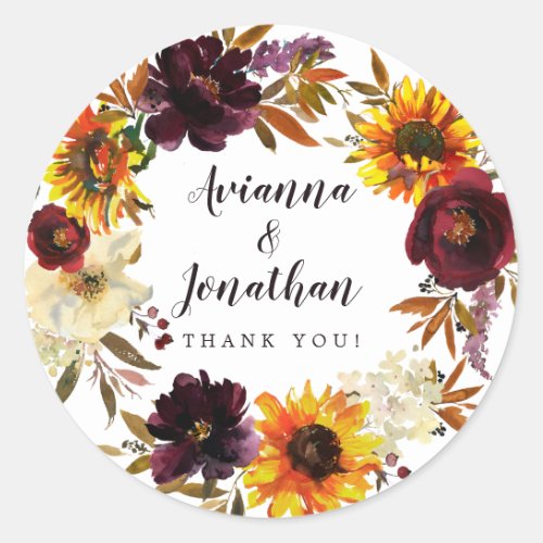 Rustic Autumn Floral Wedding Thank You Favor Classic Round Sticker
