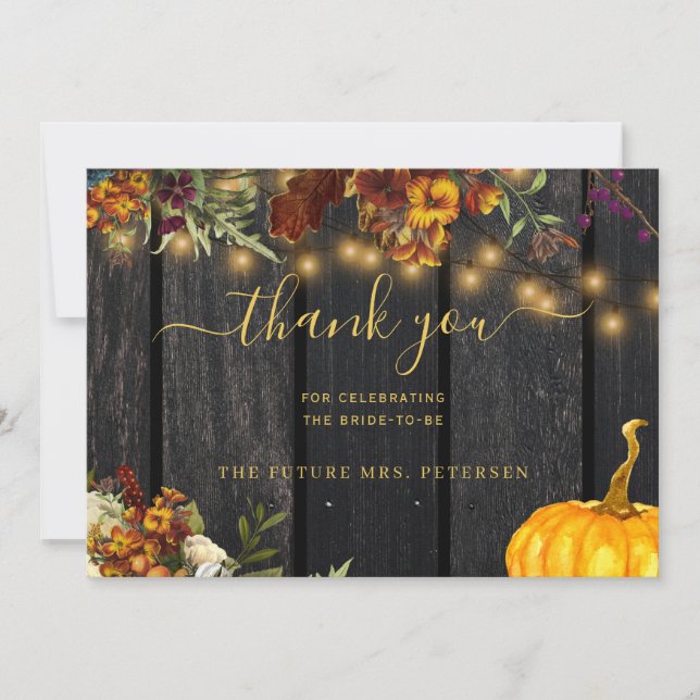 Rustic autumn floral wood script bridal shower thank you card (Front)
