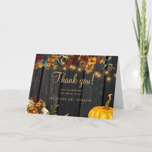 Rustic autumn floral wood script bridal shower thank you card