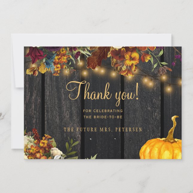 Rustic autumn floral wood script bridal shower thank you card (Front)