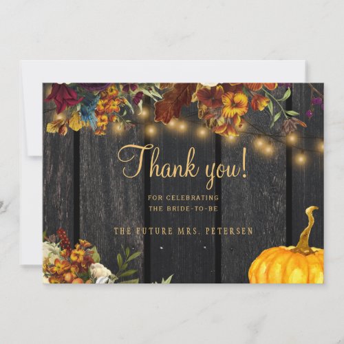 Rustic autumn floral wood script bridal shower thank you card