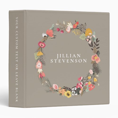 Rustic Autumn Floral Wreath Taupe Custom Name 3 Ring Binder