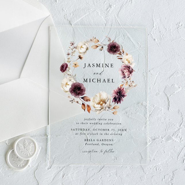 Rustic Autumn Floral Wreath Wedding Acrylic Invitations (Creator Uploaded)