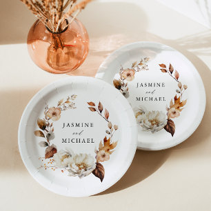 Rustic Autumn Floral Wreath Wedding Paper Plates