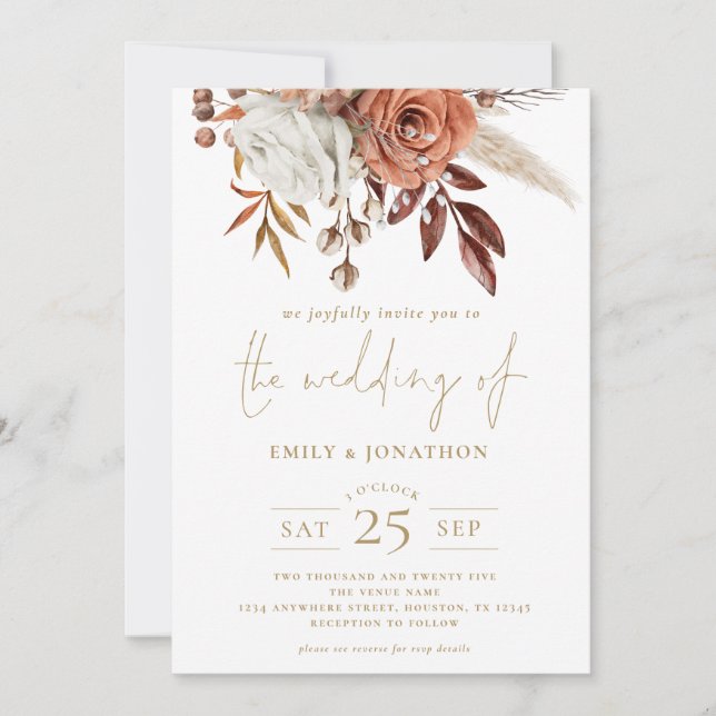 Rustic Autumn Florals Gold Text QR Wedding Invitation (Front)