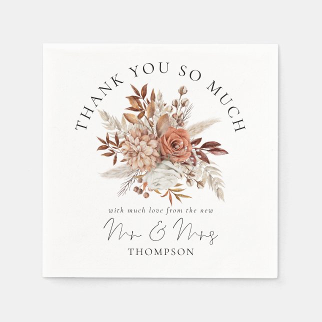 Rustic Autumn Florals New Mr Mrs Thank You Napkins (Front)