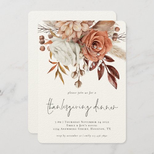 Rustic Autumn Florals Terracotta Thanksgiving  Invitation