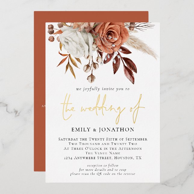 Rustic Autumn Florals Terracotta Wedding Glam Real Foil Invitation (Front/Back)