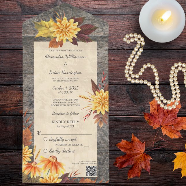 Rustic Autumn Flowers on Wood with QR Code  All In One Invitation (Also available without QR code. )