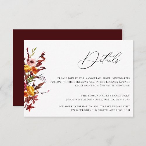 Rustic Autumn Foliage Floral Wedding Details Card