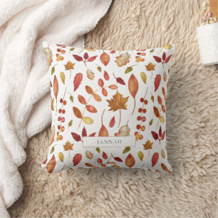 Rustic Autumn Foliage Pattern White Decorative Throw Pillow