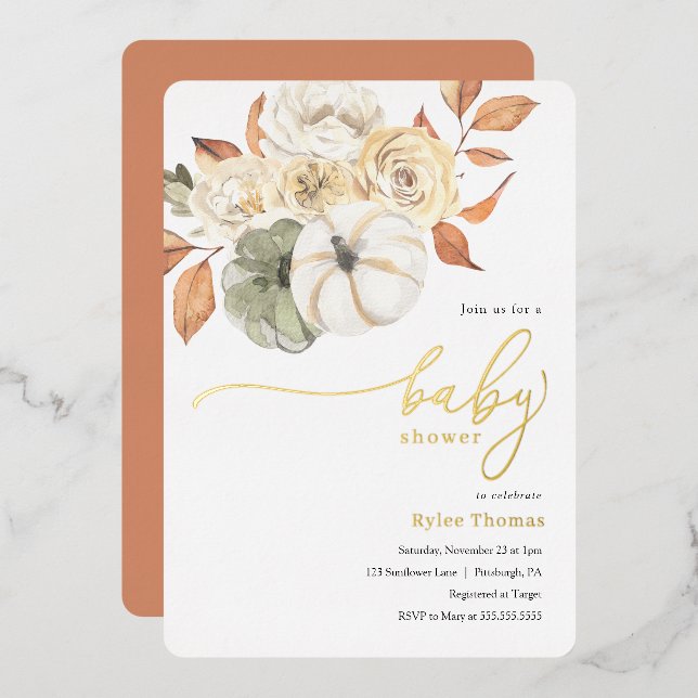 Rustic Autumn Foliage Pumpkin Autumn Bay Shower Foil Invitation (Front/Back)
