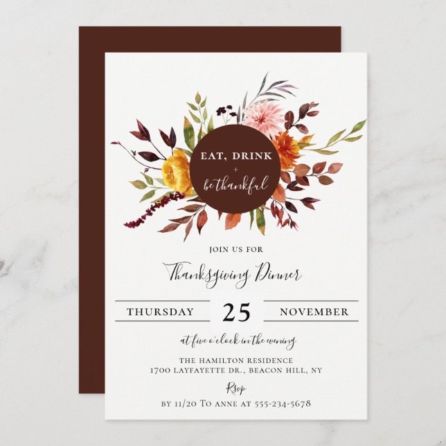 Rustic Autumn Foliage Thanksgiving Dinner Invitation (Front/Back)