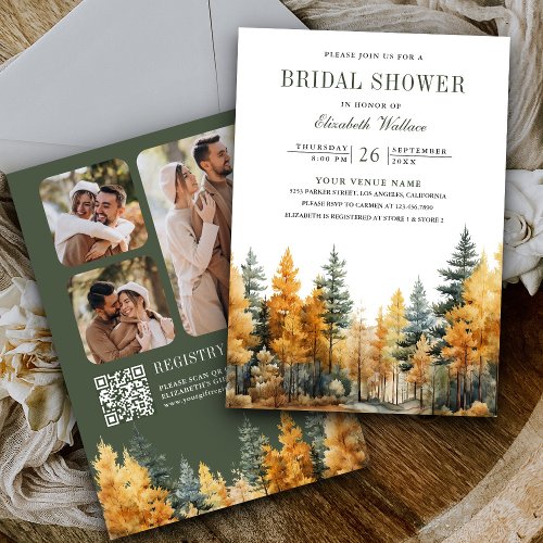 Rustic Autumn Forest Photo QR Code Bridal Shower Invitation