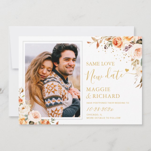 Rustic Autumn Gold Floral Photo Wedding Postponed Save The Date (Front)